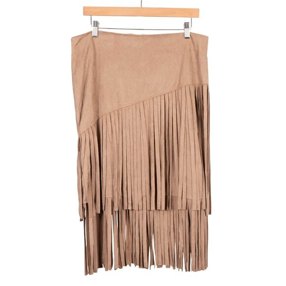 Cato Dresses & Skirts - Fringe Vegan Suede Midi Skirt 12 Womens Tan Western Hippie Boho Asymmetrical